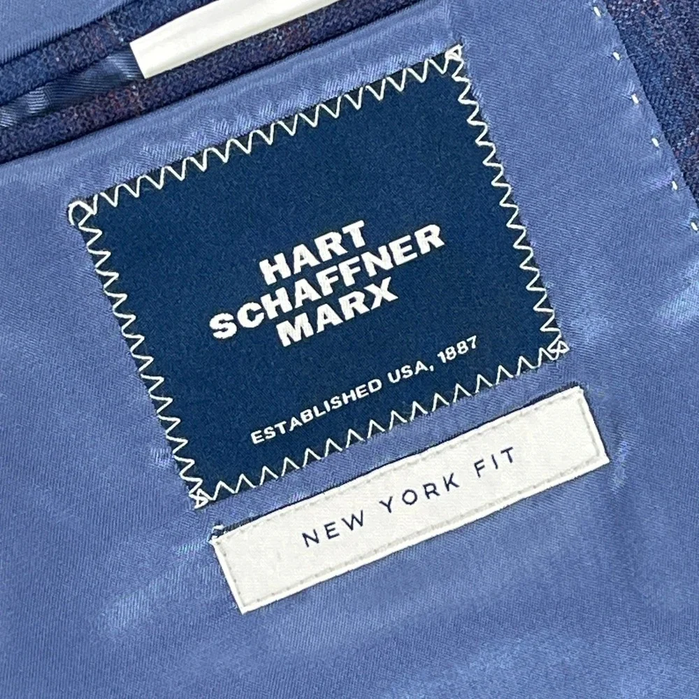 Hart Schaffner Marx Coat 44R Blue Windowpane Plaid Reda 1865 Wool New York Fit